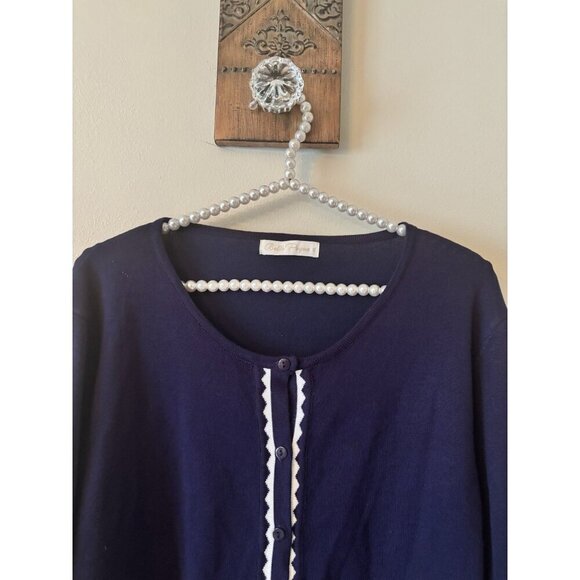 Belle Poque Womens Size XL Blue Cardigan Sweater White Trim Button Front - Picture 2 of 4